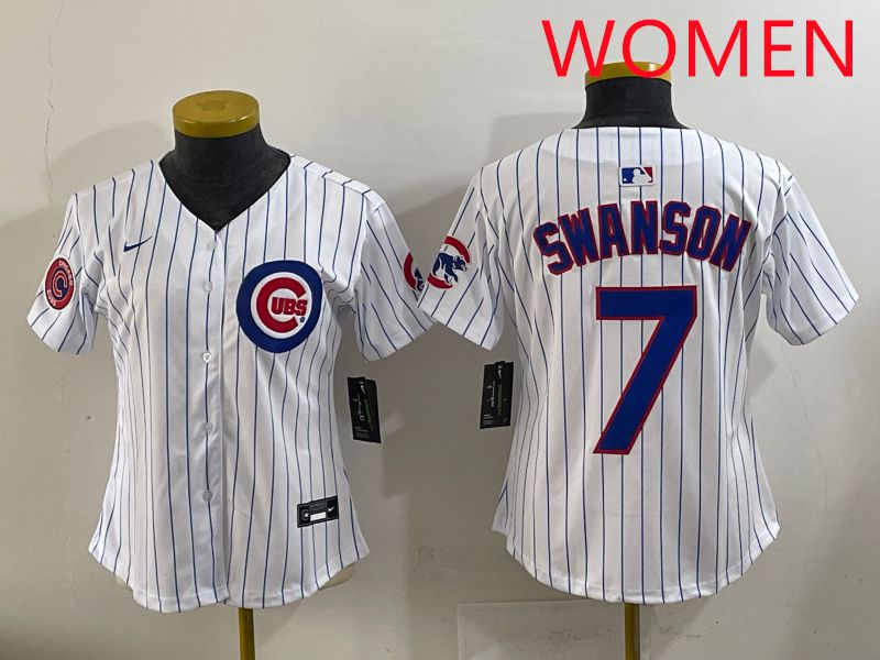 Women 2025 Chicago Cubs #7 Swanson White Stripe Game Nike MLB Jersey style 6->women mlb jersey->Women Jersey